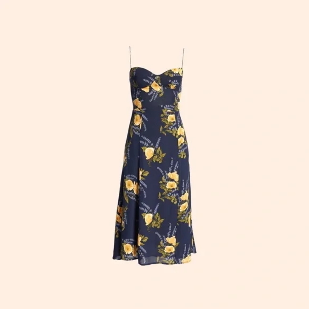 Reformation Navy and Yellow Floral Midi Dress